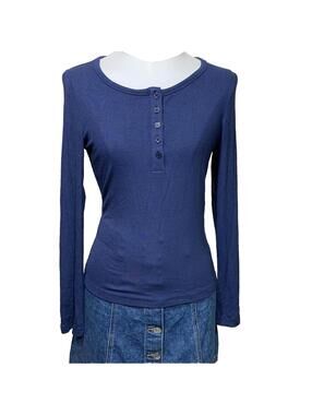 PrettyGarden Henley Top Womens Small Navy Blue Ribbed Long Sleeve Button 7510